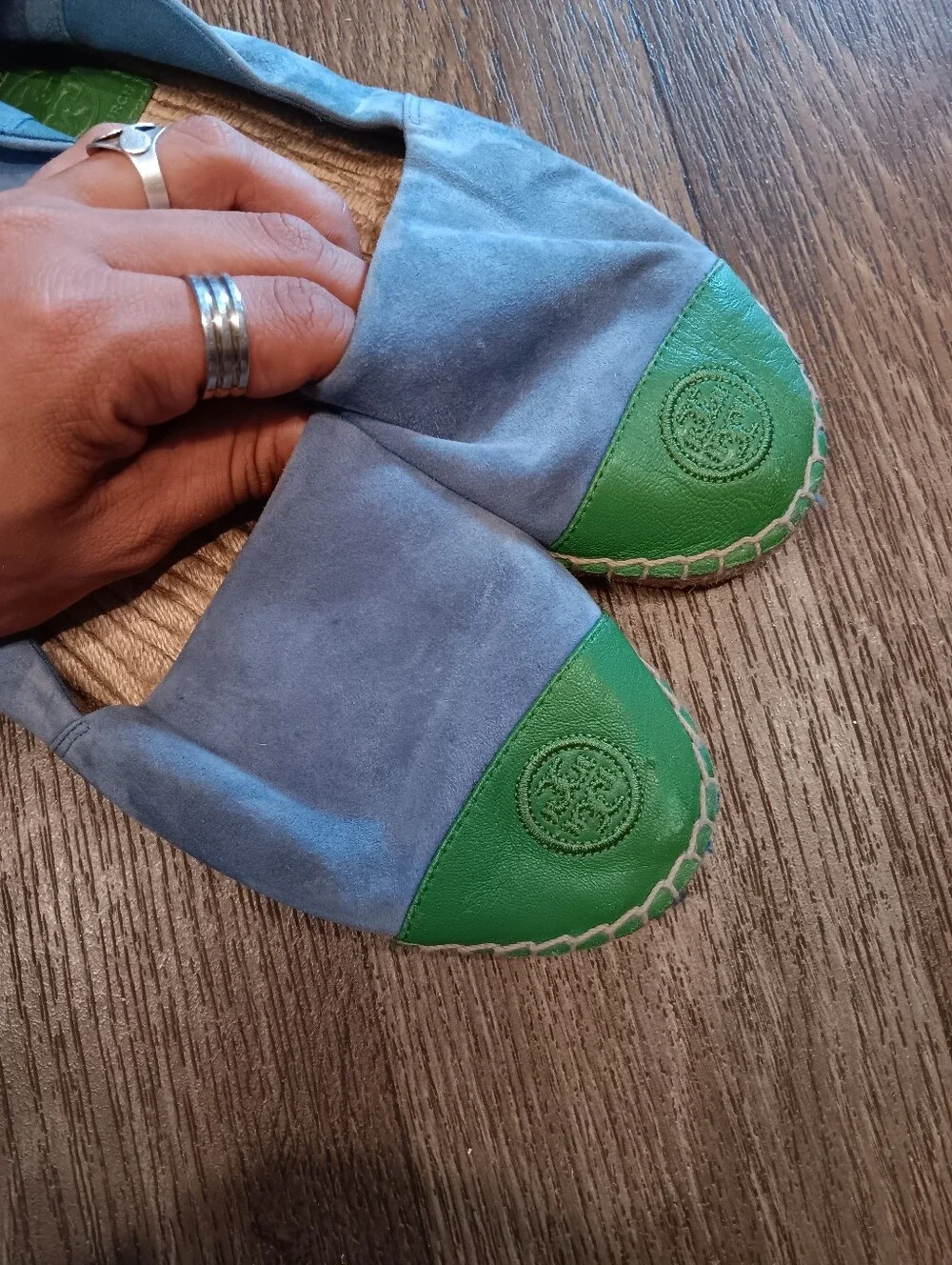 Tory Burch Light Blue Suede Espadrille with Green Leather Insole Patch